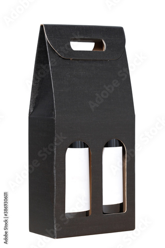 wine carton box  with two bottle of wine inside isolated on white background with clipping path and copy space for your text