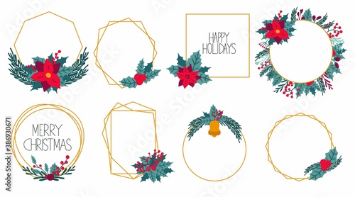 Christmas botanical frames set. Hand drawn gold frame decor element leaves, flowers and berries, bows and fir tree, winter traditional xmas holiday vector cartoon design decor isolated objects