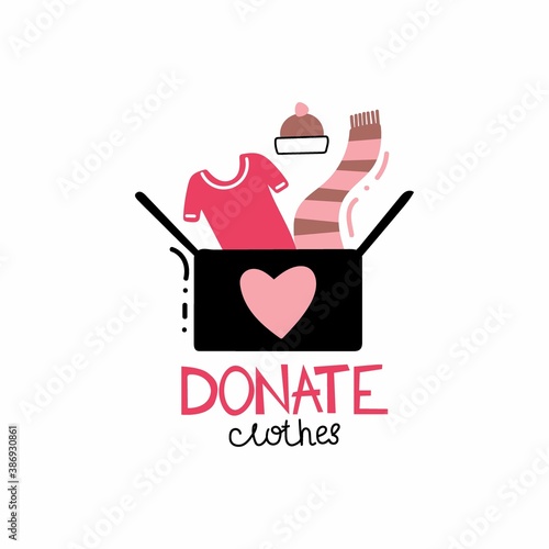 Donate clothes. Cardboard box with t-shirt and winter clothes, volunteering and support poor people, second hand shop charity and donation concept vector doodle isolated illustration