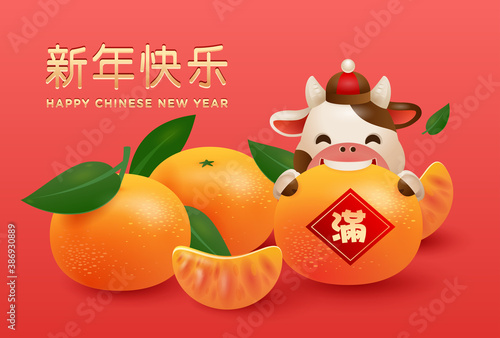 Happy Chinese New Year 2021 the year of the ox. Happiness ox wishing you a year with a rich harvest. 