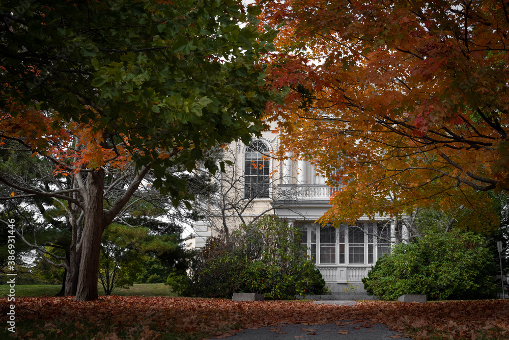 Old building with fall foliage 