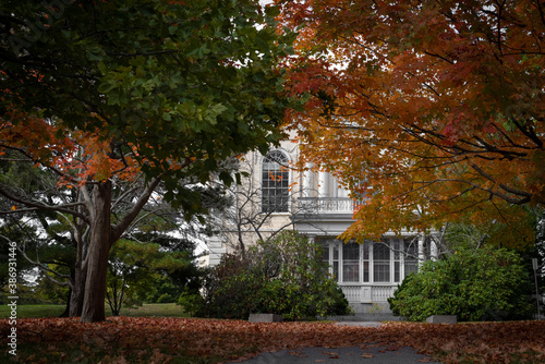 Old building with fall foliage 