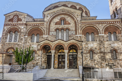 View of Neo-Byzantine Cathedral of Holy Trinity   Agia Triada   from 1839 . Church of the Holy Trinity located in center of Piraeus overlooking port. Piraeus  Attica  Greece  EU.