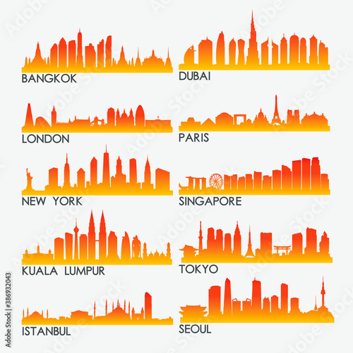 World Touristic Skyline City Silhouette Design Collection. Vector Illustration Set Clip Art.