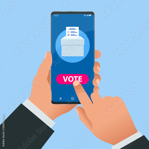 Isometric Online Voting and Election Concept. E-voting, Election Internet System. Smartphone with Vote on Screen.