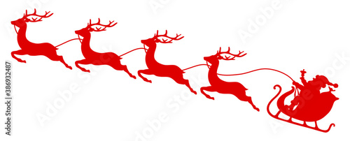 Silhouette Roter Weihnachtsschlitten Santa Und Vier Fliegende Rentiere