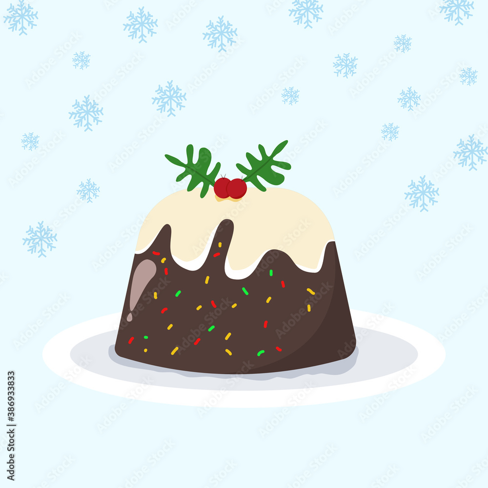 christmas 14 Christmas pudding vector  A traditional holiday season dessert with a creamy top.  With snow background /