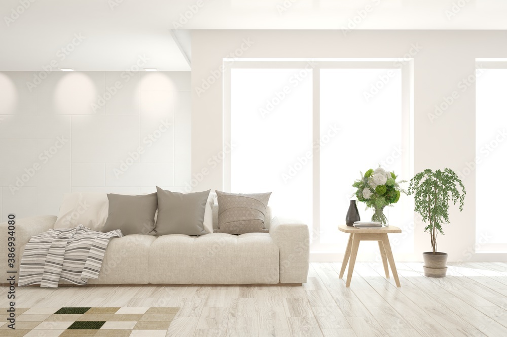 White living room with sofa. Scandinavian interior design. 3D illustration White living room with sofa. Scandinavian interior design. 3D illustration