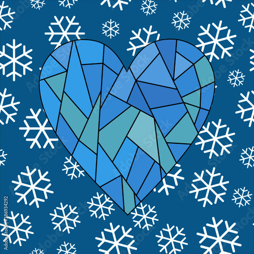 vector illustration of a frozen heart suspended on a winter background. Design for winter and christmas
