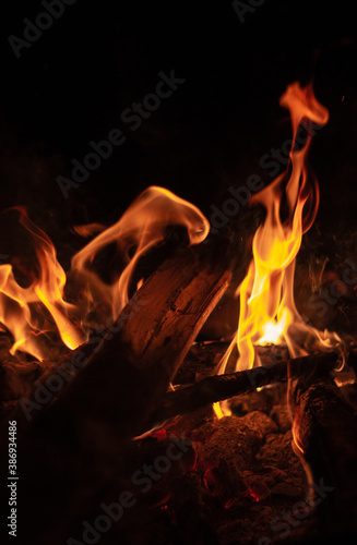 Feu de camp avec des grosses flammes orangées et du bois