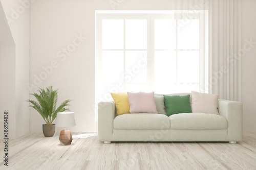 White living room with sofa. Scandinavian interior design. 3D illustration