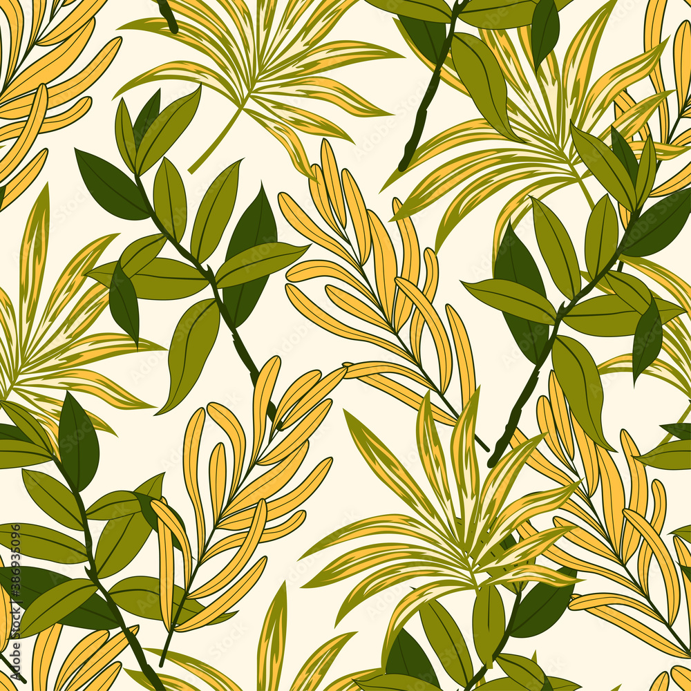 Fototapeta premium Abstract seamless tropical pattern with bright plants and leaves on a white background. Jungle leaf seamless vector floral pattern background. Seamless exotic pattern with tropical plants.
