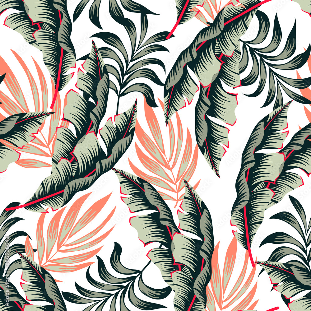 Fototapeta Original seamless tropical pattern with bright plants and leaves on a light background. Exotic tropics. Summer. Vector design. Jungle print. Floral background. 