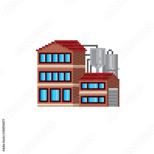 Factory, industrial building.Pixel art. Old school computer graphic style. Element design for logo, stickers, web, embroidery and mobile app. Isolated vector illustration. 8-bit sprite.