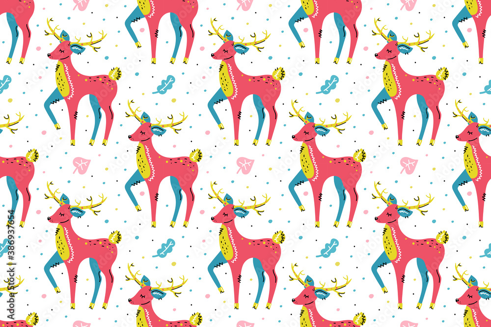 Fototapeta premium Deers with leaves. Seamless pattern, texture, background. Merry Christmas, Happy New Year. Packaging design. Wildlife, nature, animals.