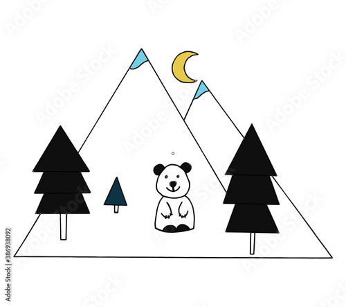 Smiling bear cub on the background of mountains in the forest on a moonlit night. Vector illustration. Perfect for print, children's clothing decor, bed linen, poster, coloring.