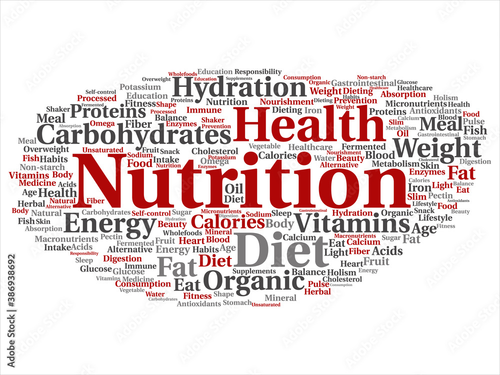 Vector concept or conceptual nutrition health diet abstract word cloud isolated background. Collage of carbohydrates, vitamins, fat, weight, energy, antioxidants beauty medicine, mineral, protein text Vector concept or conceptual nutrition health diet abstract word cloud isolated background. Collage of carbohydrates, vitamins, fat, weight, energy, antioxidants beauty medicine, mineral, protein text