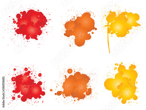 Vector collection of artistic grungy paint drop, hand made creative splash or splatter stroke set isolated white background. Abstract grunge dirty stains group, education or graphic art decoration
