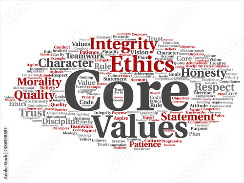 Vector conceptual core values integrity ethics abstract concept word cloud isolated background. Collage of honesty quality trust, statement, character, important perseverance, respect trustworthy text