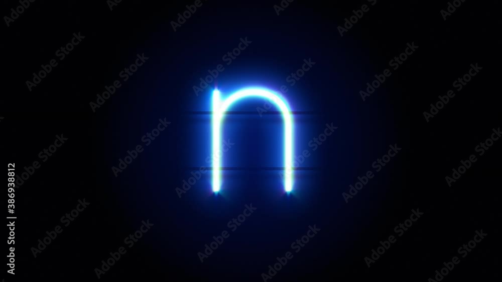 Neon font letter N lowercase appear in center and disappear after some time. Animated blue neon alphabet symbol on black background. Looped animation. Neon font letter N lowercase appear in center and disappear after some time. Animated blue neon alphabet symbol on black background. Looped animation.