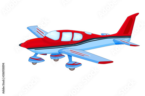 Small airplane isolated on white background. Red and blue personal plane. Civil aviation airplane with single engine. Light aircraft school. Air tours vehicle. Commercial flights. Vector illustration