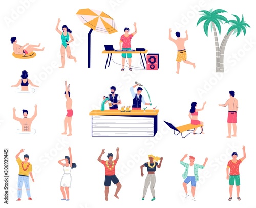 Beach party cartoon character set flat vector isolated illustration. Dj playing disco music, barmen pouring beer, people swimming in pool, floating in rubber ring, dancing, having fun. Summer vacation
