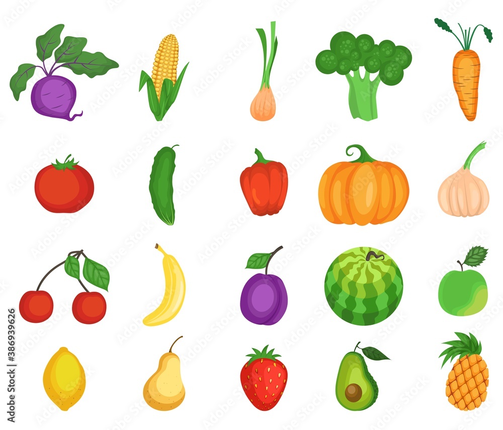Fototapeta Zestaw ikon owoców i warzyw, płaski wektor ilustracja na białym tle. Świeże organiczne potrawy wegetariańskie, stylu cartoon. Kalarepa, kukurydza, cebula, brokuły, marchew, pomidor, ogórek, awokado jabłko gruszka cytryna itp.