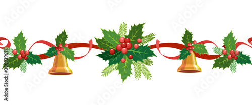 Fototapeta Naklejka Na Ścianę i Meble -  Christmas seamless border. Vector frame, garland, decoration for holiday cards, invitations, banners. Holly leaves and berries isolated on a white background. Christmas ornament. X-mas display.