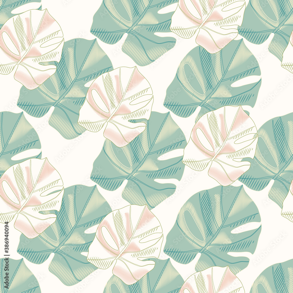 Tender isolated seamless pattern with monstera leaf ornament. Green and pink colored foliage on white background. Tender isolated seamless pattern with monstera leaf ornament. Green and pink colored foliage on white background.