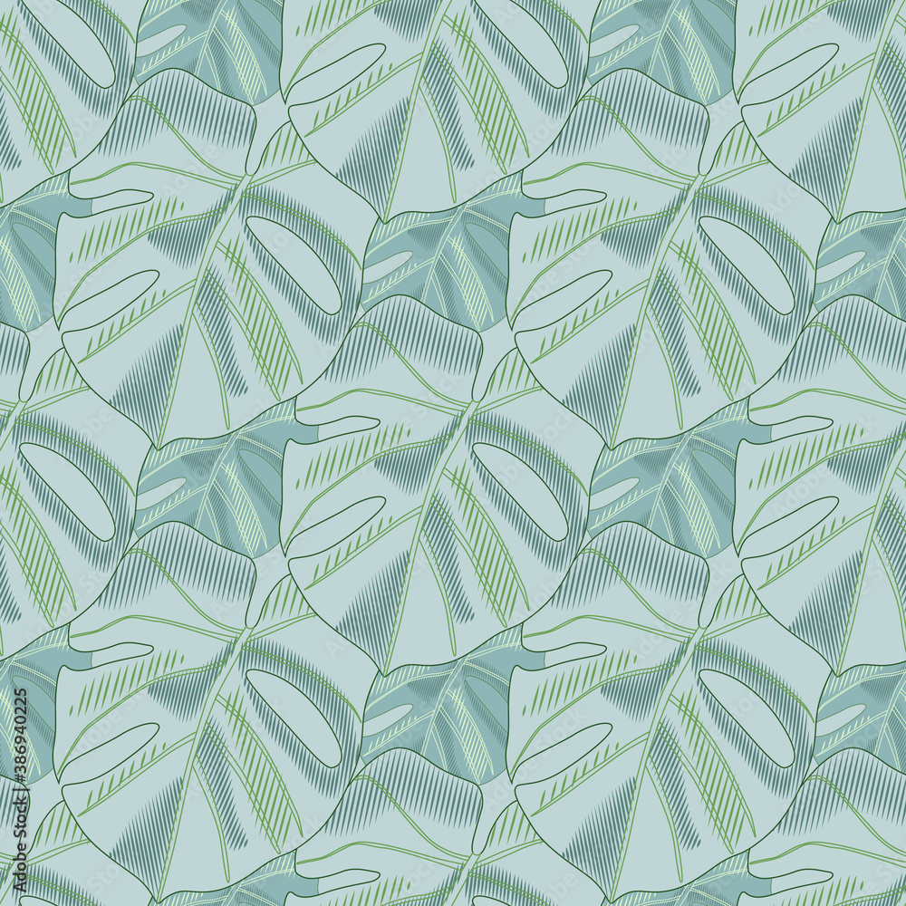 Pastel palette creative seamless floral pattern with monstera leaves shapes. Soft blue tones floral artwork.