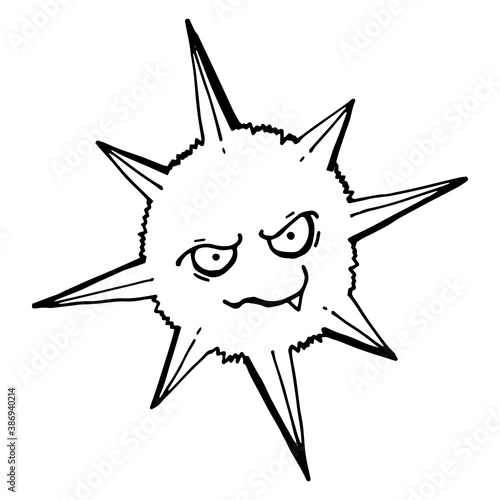 Virus line icon. Outline thin line flat illustration. Isolated. Vector outline of a virus with an insidious grin.