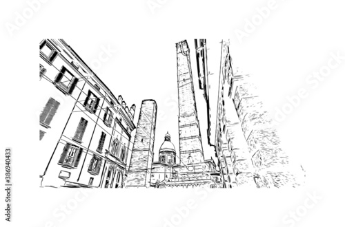 Building view with landmark of Bologna is the capital and largest city of Northern Italy. Hand drawn sketch illustration in vector.