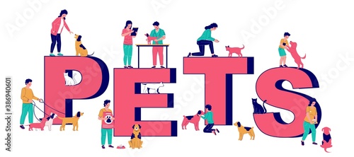 Pets typography vector banner template. Happy people with dogs. Men, women, kids walking, feeding, training their puppies, visiting vet. Homeless pet adoption, dog training classes, animal care.