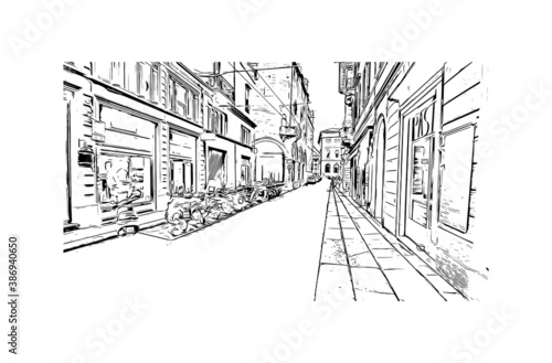 Building view with landmark of Bologna is the capital and largest city of Northern Italy. Hand drawn sketch illustration in vector.