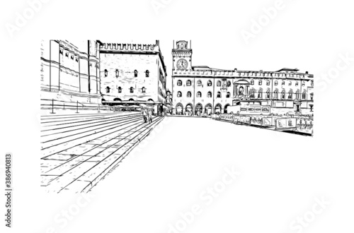 Building view with landmark of Bologna is the capital and largest city of Northern Italy. Hand drawn sketch illustration in vector.