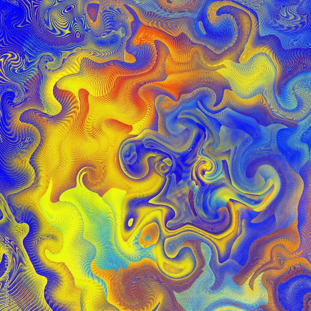 abstract random turbulence pattern from shades of blue and vivid yellow colours