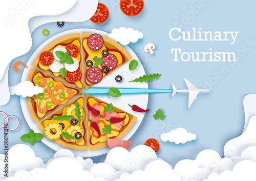 Culinary tourism vector poster, banner template. Paper cut plane flying out of big delicious italian pizza. Gastronomic tour. Travel food experience. Italian traditional food. World culinary tours.