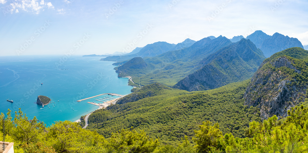 View from top on mountains along sea coast near Antalya, View from Tunektepe Cable car in Turkey