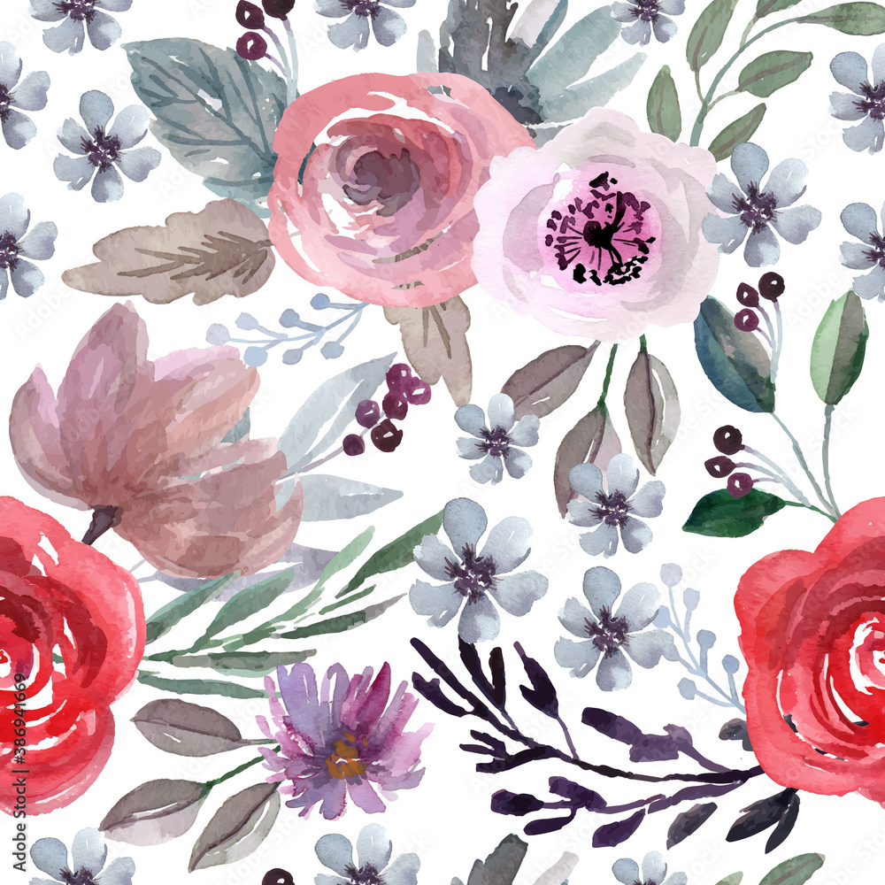 Obraz Watercolor Seamless Pattern with Red Rose and Purple Flowers