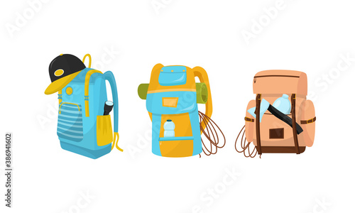 Camping or Hiking Backpack with Equipment and Gear Vector Set