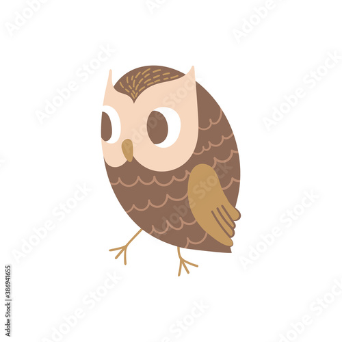 Cute cartoon walking owl. Side view. Funny woodland character isolated on white background. Vector illustration.