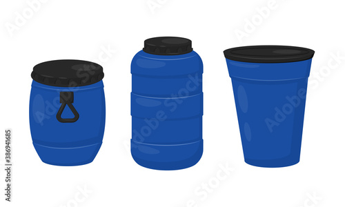 Blue Plastic Barrel with Closed Lid Vector Set