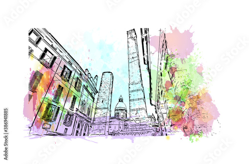 Building view with landmark of Bologna is the capital and largest city of Northern Italy. Watercolor splash with hand drawn sketch illustration in vector.