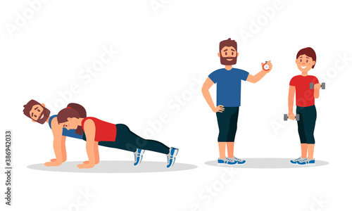 Bearded Man as Fitness Trainer or oach Giving Instructions in Gym Vector Illustration Set