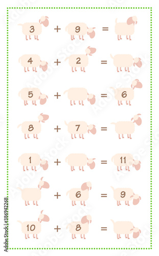 Math game sheet with additions and subtractions, simple mathematical fun with black sheep. Isolated comic vector illustration on white background.
