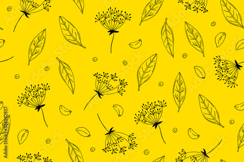 Seamless pattern of pickles for vegetables. On a yellow background, a black outline. Bay leaf, dill umbrellas, garlic, peppercorns. Vector background. Hand drawn doodle illustration