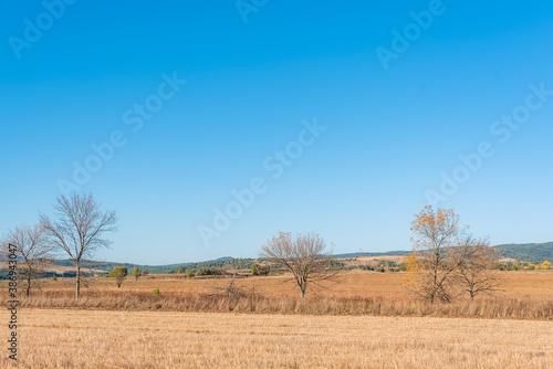 Dry hay field with a clear cut path warm color bulgaria rural landscape sun day clear blue sky