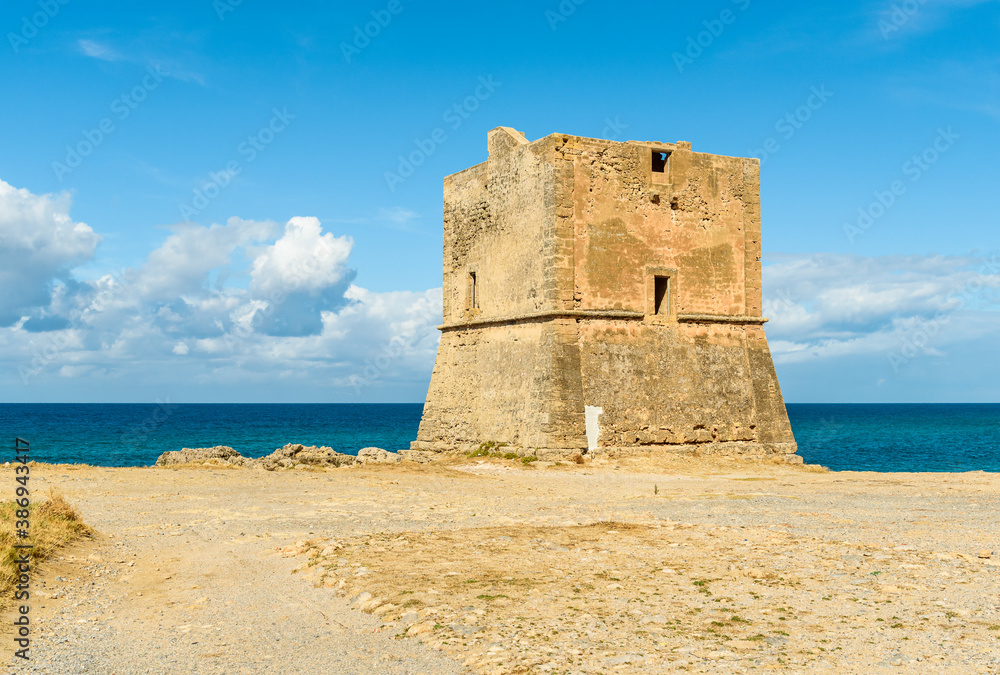 View of Ancient Tower Mulinazzo, located inside the Falcone e Borsellino Airport of Punta Raisi in the province of Palermo, Cinisi, Italy