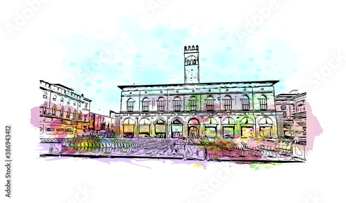 Building view with landmark of Bologna is the capital and largest city of Northern Italy. Watercolor splash with hand drawn sketch illustration in vector.