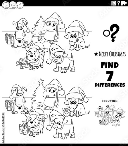 differences game with dogs on Christmas time coloring book page